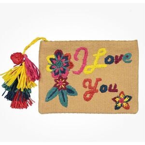 Guadalupe I Love You Embroidered Raffia Pouch Colorful Tip Top Clutch Beachy NWT